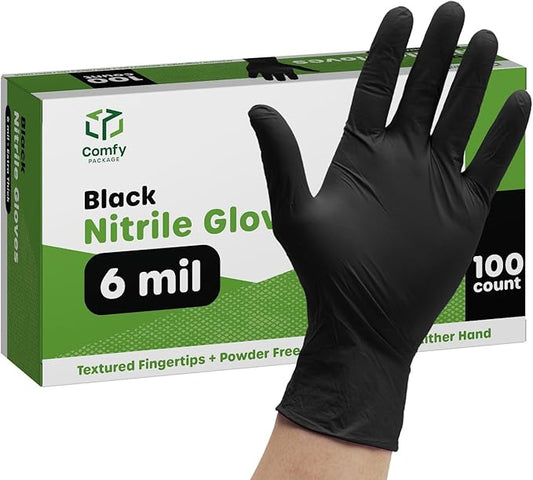 Black Nitrile Gloves, Large #100 HEAVY DUTY 6 Mil. Latex & Powder Free, Textured Fingertips Disposable Gloves